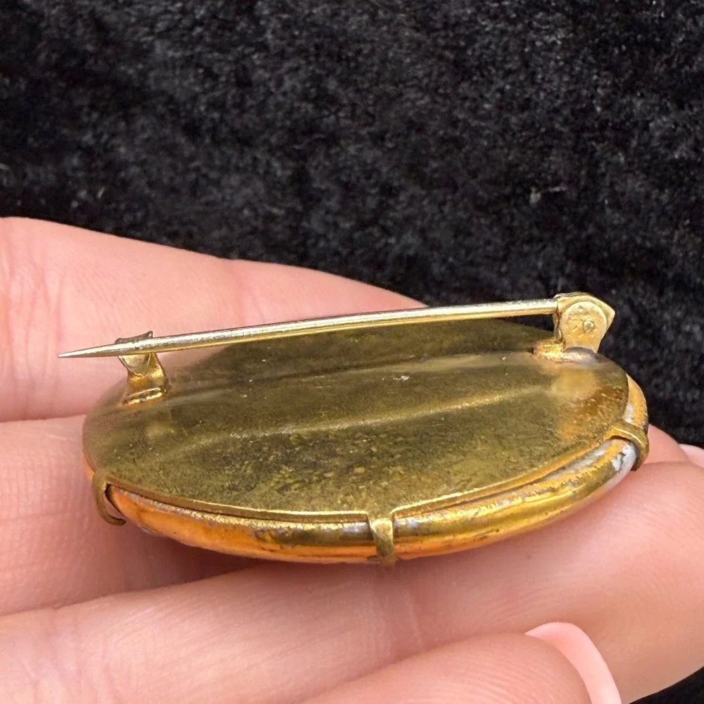 Vintage Victorian Hand Painted Porcelain Brooch Gold Purple Violets